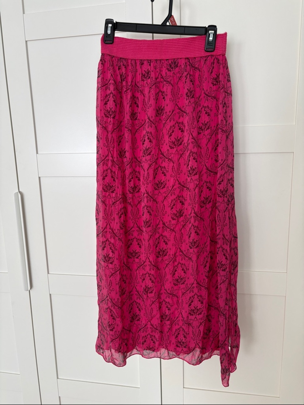 Bright Pink Maxi Shiffon Skirt with Black Floral Motif Italy